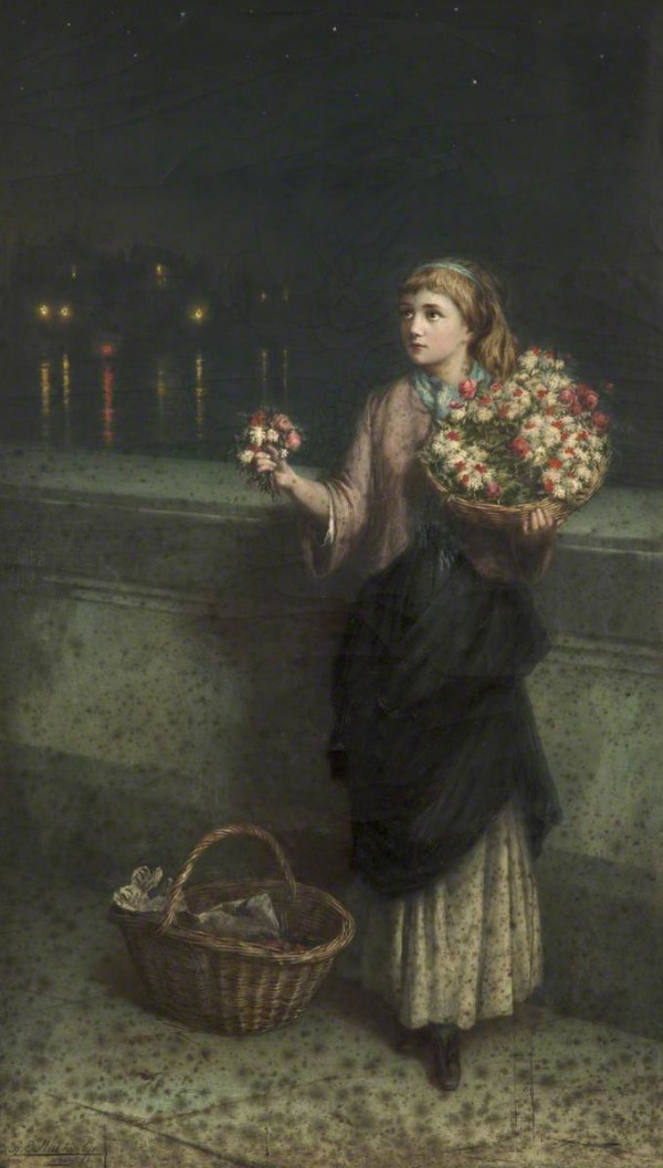 Selling flowers on a bridge in the night time by Augustus Edwin Mulready